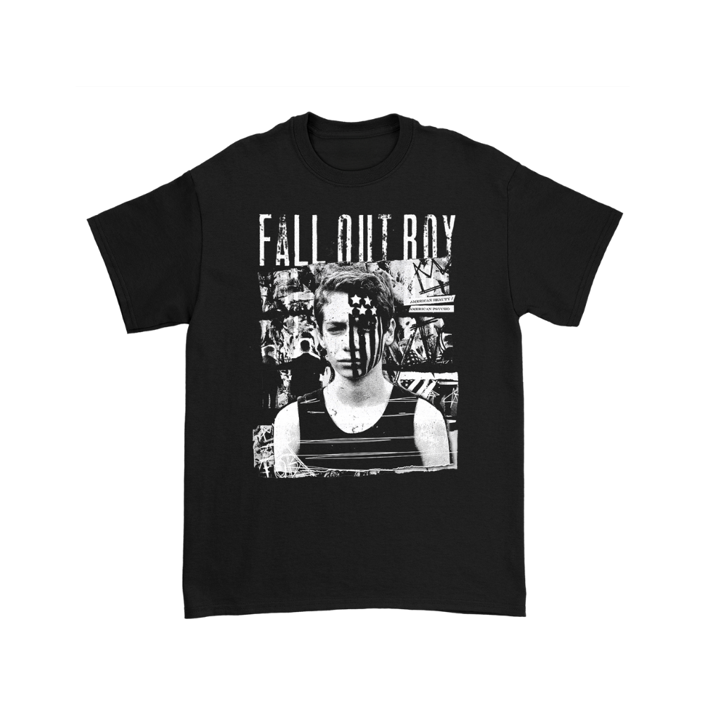 Black cotton t-shirt featuring a white graphic of the band fall out boy’s ’fallout’ album cover.