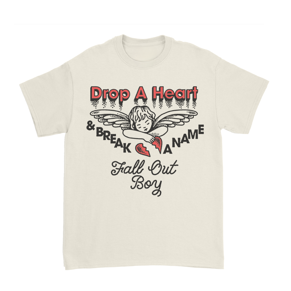 Cream-colored cotton drop a heart t-shirt with black and red angel graphic by fall out boy from official uk store