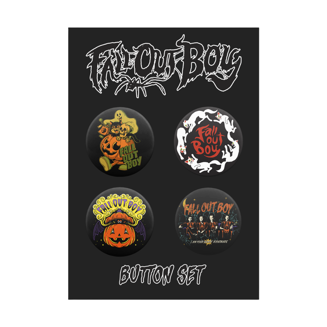 Set of four colorful halloween-themed black button pins featuring pumpkins ghosts cats and Fall Out Boy logo from official Fall Out Boy UK merchandise