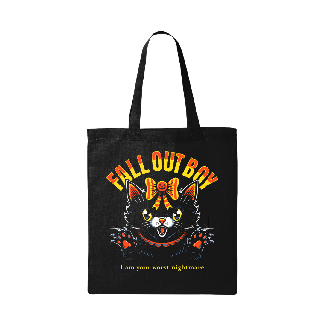 Black canvas nightmare kitty tote bag with cartoon black cat, yellow eyes, orange bow, and fall out boy text