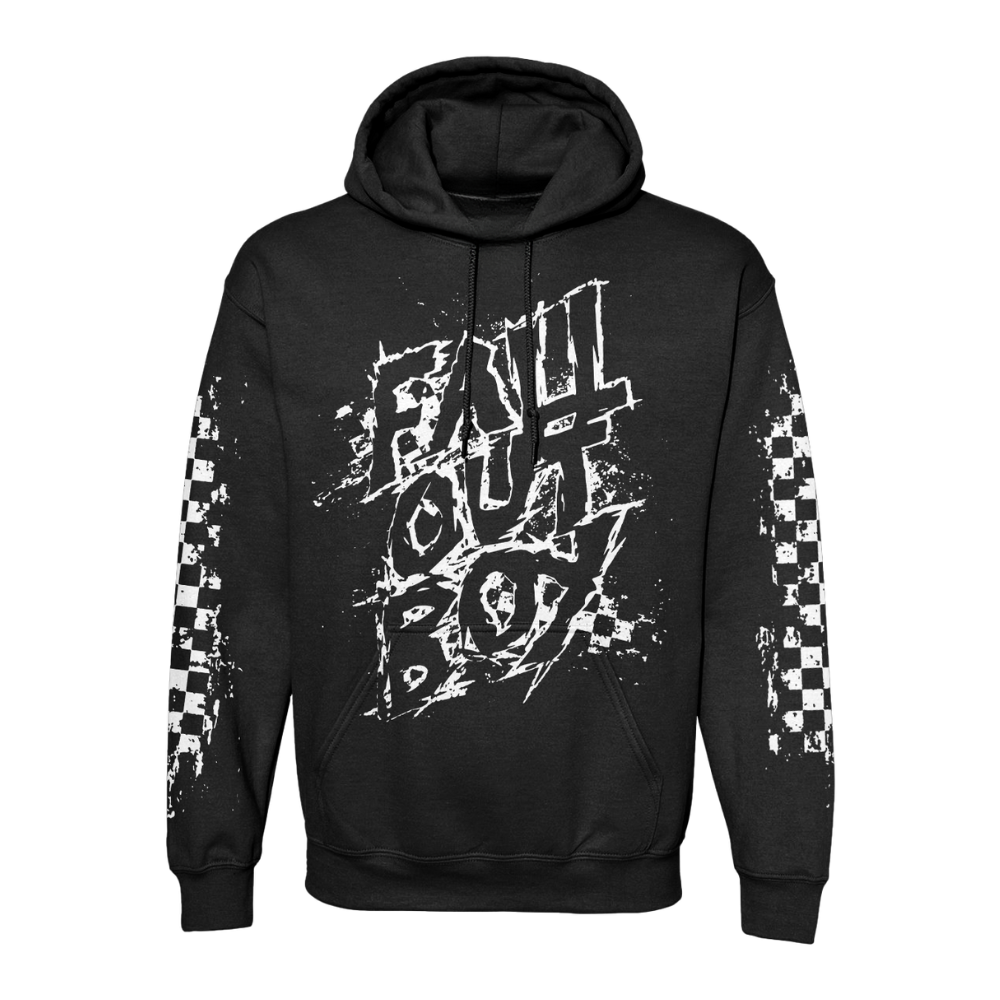 Black hoodie featuring a distressed white ’fall out boy’ graphic with checkered pattern accents on the sleeves.