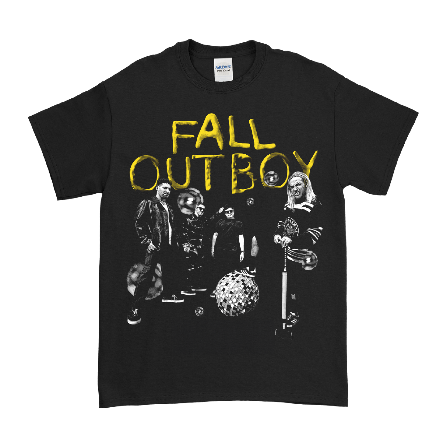 Black t-shirt featuring Fall Out Boy band artwork and logo.