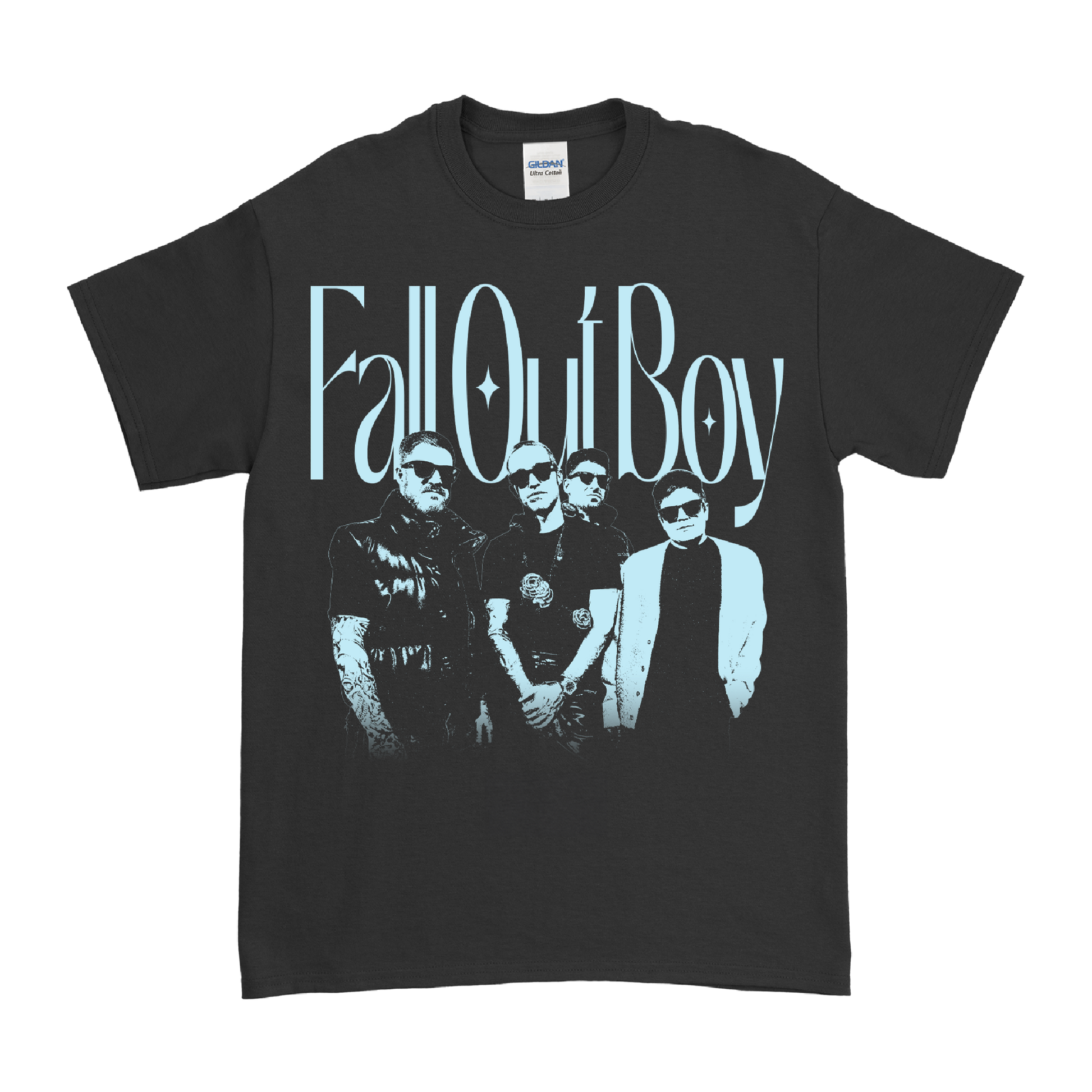 Black t-shirt featuring the band Fall Out Boy’s logo and a stylized image of the band members.