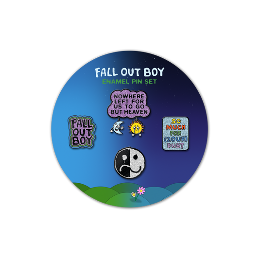Circular enamel pin set featuring Fall Out Boy band-related designs and phrases.