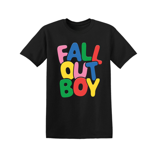 Black cotton unisex t-shirt featuring a colorful playful fall out boy bubble logo in bold multicolored letters