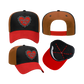 Black and red chain heart hat with tan side panels and white fall out boy heart logo embroidered in center