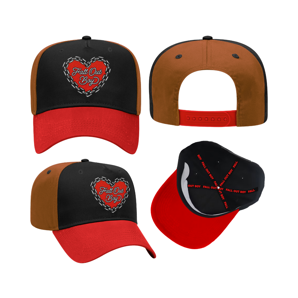 Black and red chain heart hat with tan side panels and white fall out boy heart logo embroidered in center