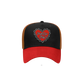 Black and red trucker chain heart hat with tan side panels and heart-shaped fall out boy patch on front panel