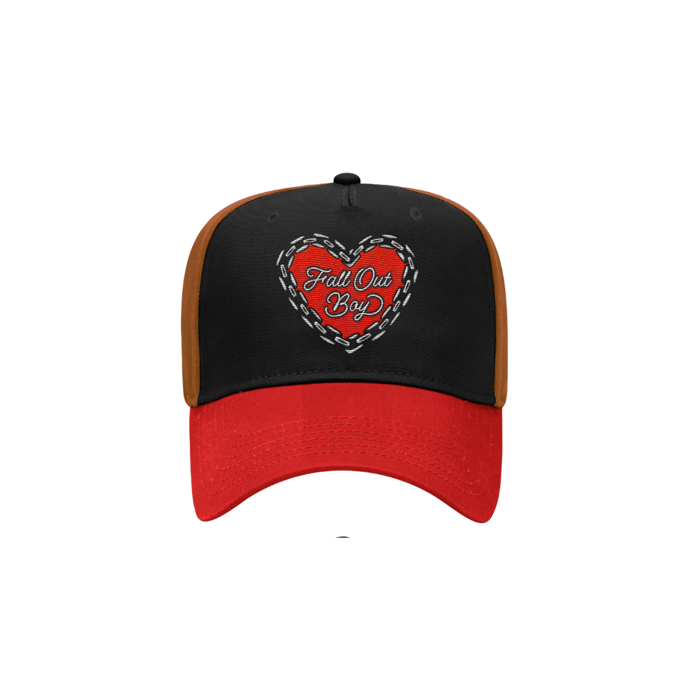 Black and red trucker chain heart hat with tan side panels and heart-shaped fall out boy patch on front panel