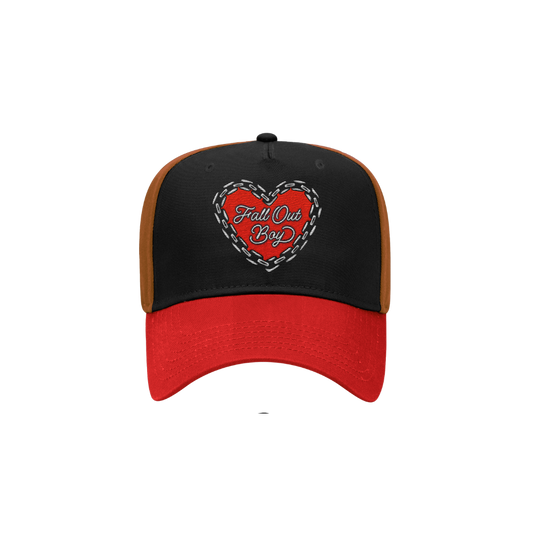 Black and red trucker chain heart hat with tan side panels and heart-shaped fall out boy patch on front panel