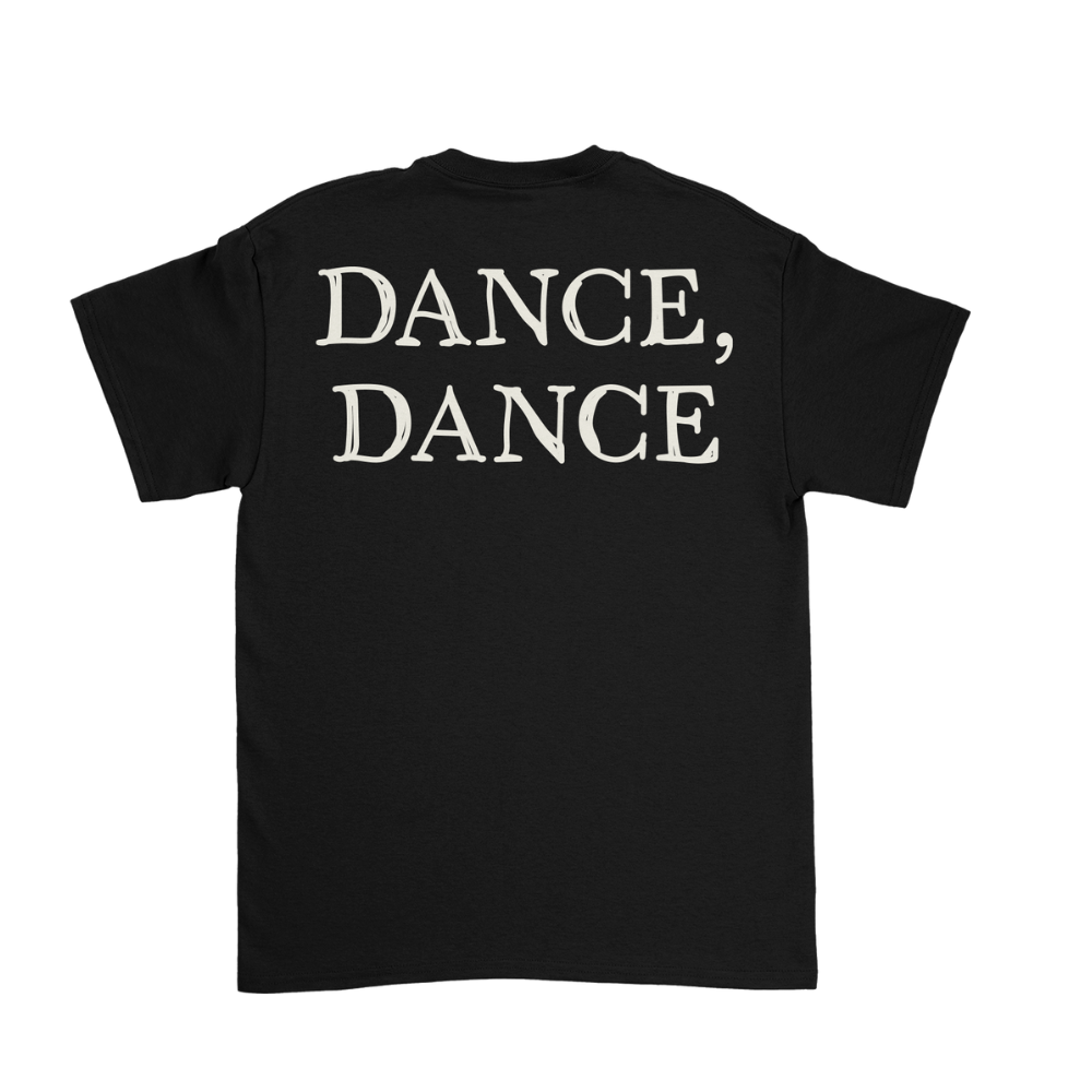 Black short-sleeved dance dance tuxedo t-shirt showing bold white dance dance print on the back side