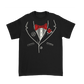 Black dance dance tuxedo t-shirt with white suit line drawing, red bow tie and rose, featuring fall out boy logo on lapel