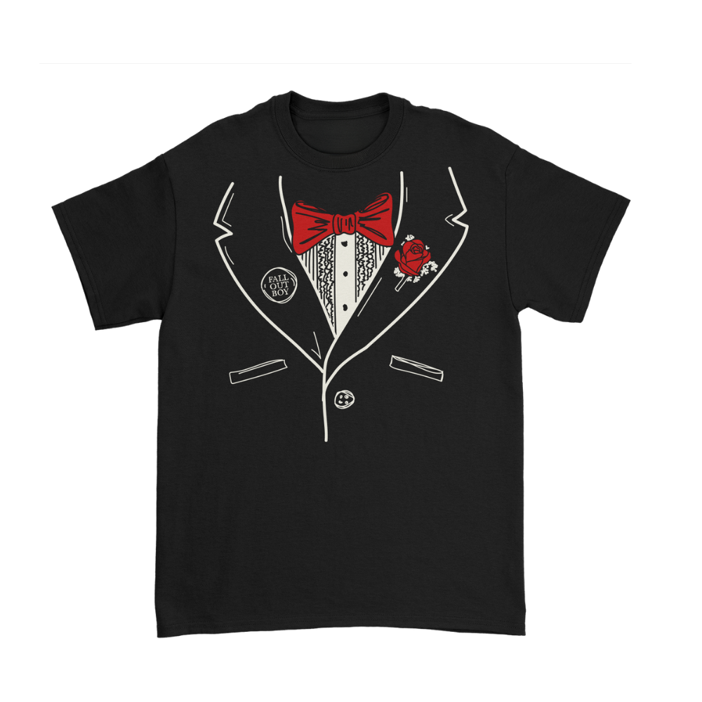 Black dance dance tuxedo t-shirt with white suit line drawing, red bow tie and rose, featuring fall out boy logo on lapel