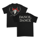 Black dance dance tuxedo t-shirt with front tuxedo graphic red bow tie rose and back dance dance white lettering