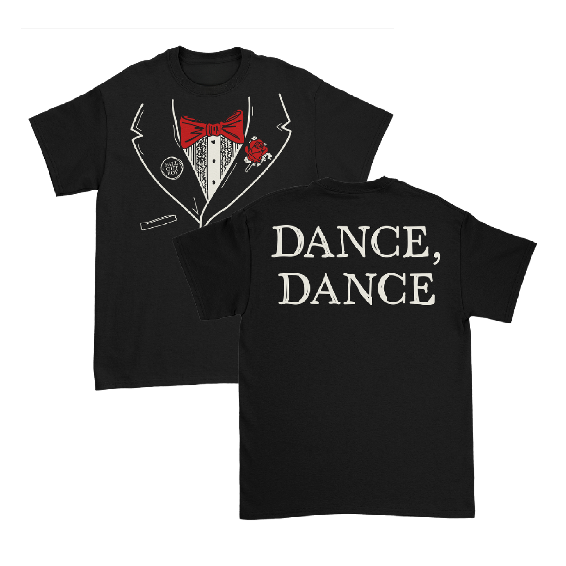 Black dance dance tuxedo t-shirt with front tuxedo graphic red bow tie rose and back dance dance white lettering