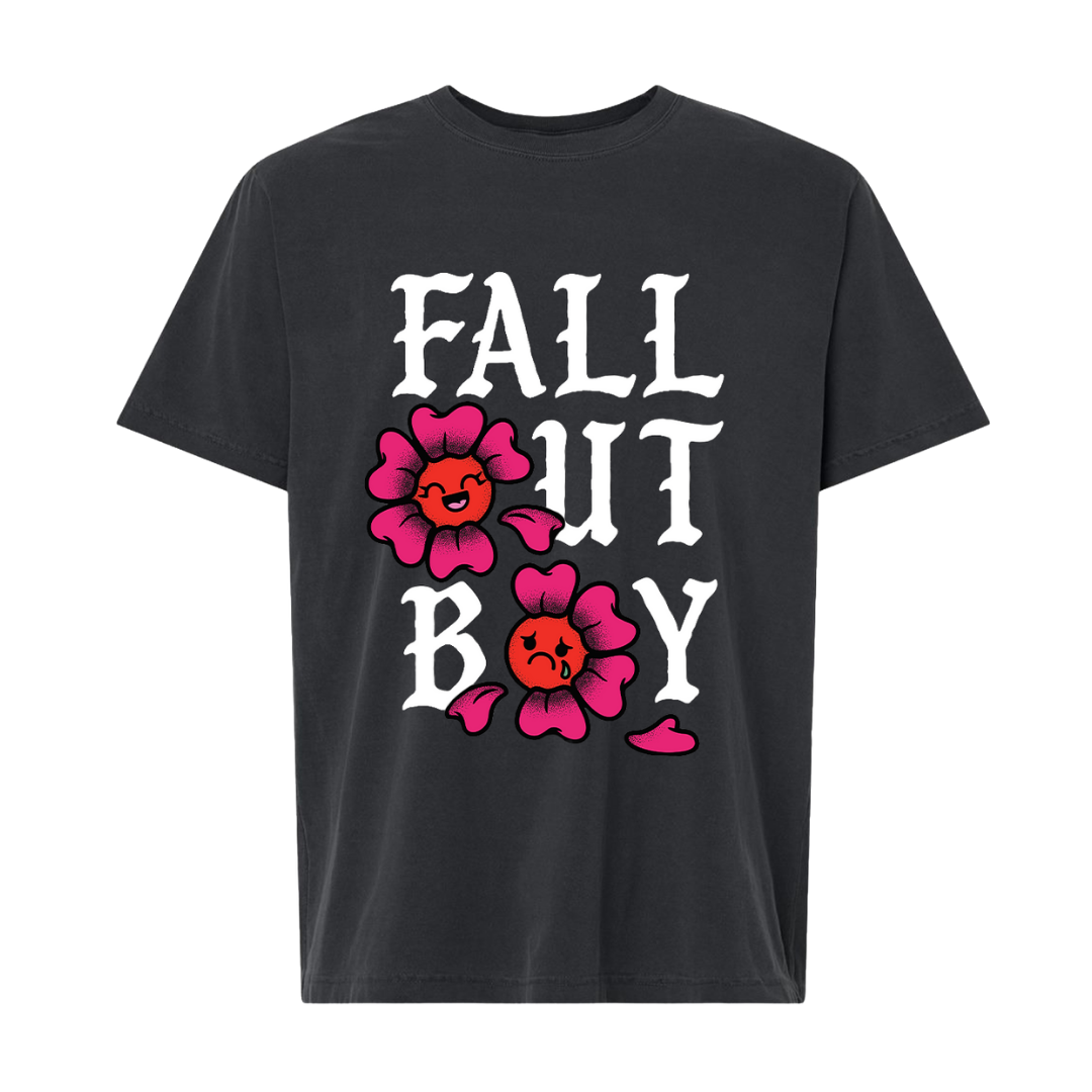 Black cotton flowers t-shirt with bold white fall out boy graphic and pink cartoon flowers from official fall out boy uk store