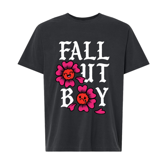 Black cotton flowers t-shirt with bold white fall out boy graphic and pink cartoon flowers from official fall out boy uk store