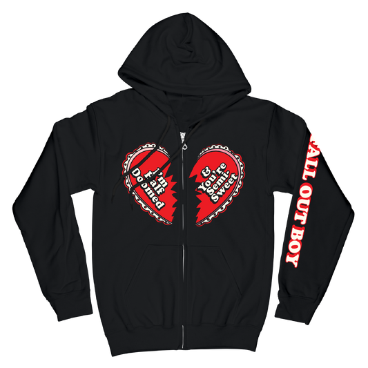Black unisex hoodie featuring a bold red broken heart graphic and all out boy lettering on the sleeve half doomed zip hoodie