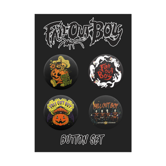 Set of four colorful halloween-themed black button pins featuring pumpkins ghosts cats and Fall Out Boy logo from official Fall Out Boy UK merchandise