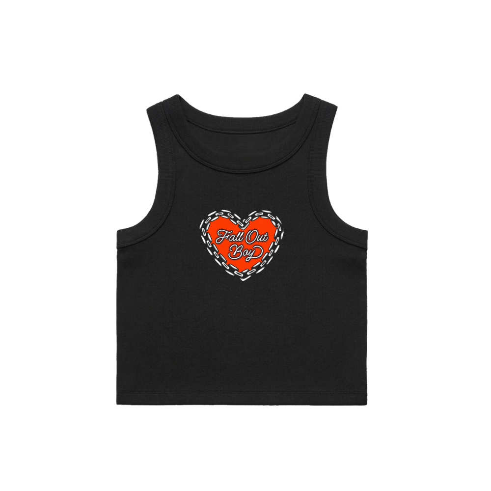 Black sleeveless heart chain crop tank with vibrant orange heart and fall out boy script in white chain-link design