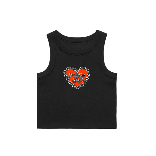 Black sleeveless heart chain crop tank with vibrant orange heart and fall out boy script in white chain-link design