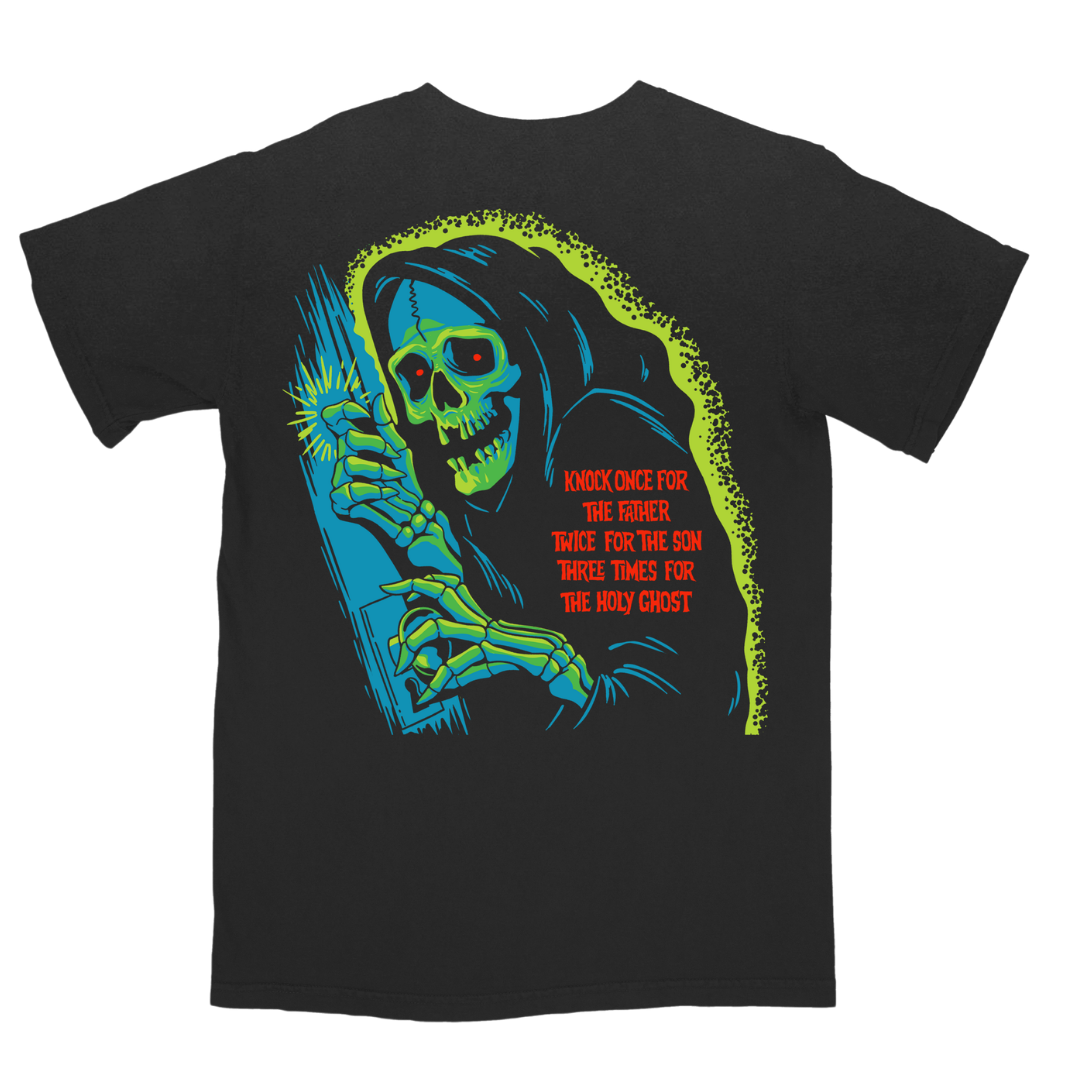 Black holy ghost t shirt with glowing green and blue skeletal figure and orange text from official fall out boy uk store