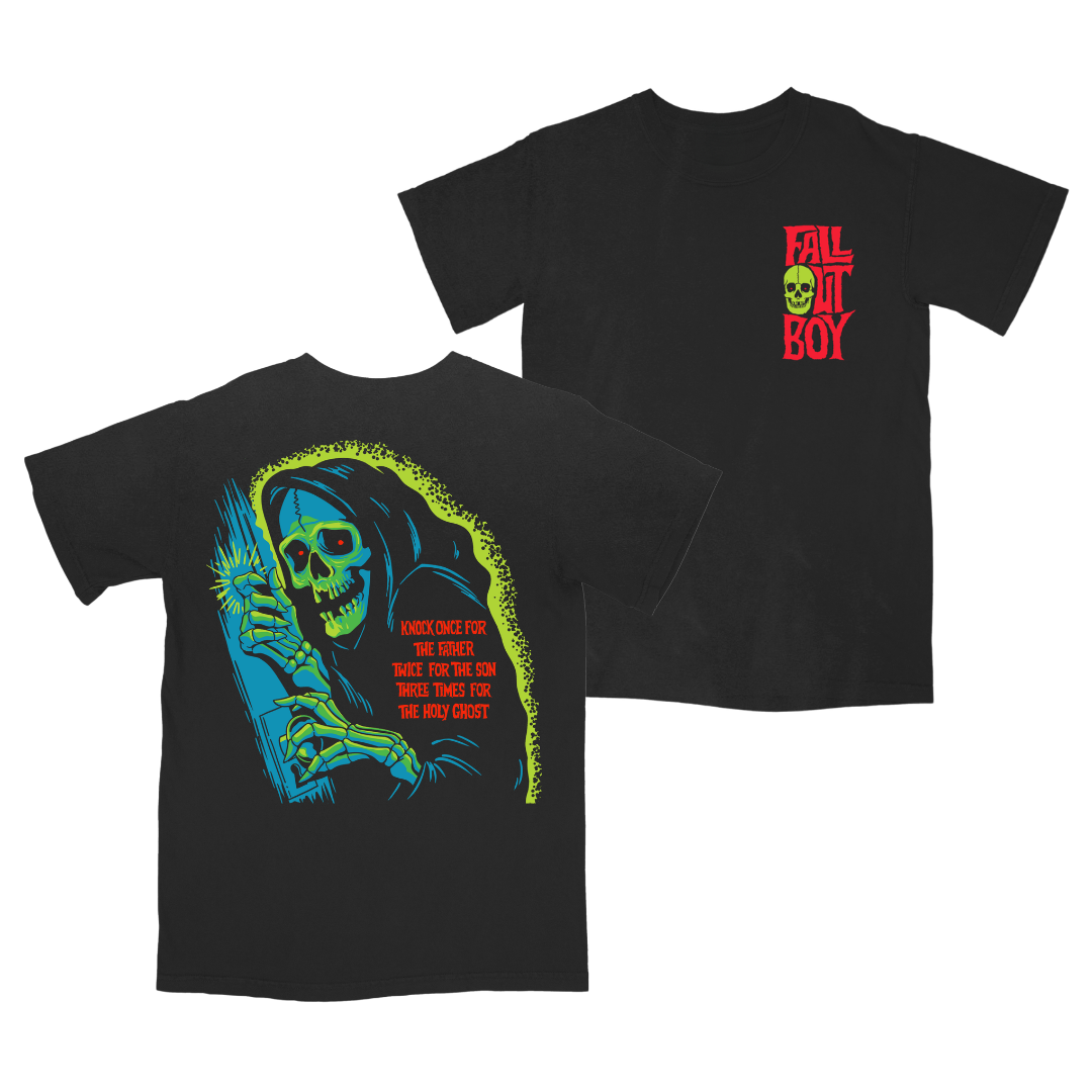 Black short-sleeved holy ghost t-shirt with glowing skeleton and red fall out boy uk merchandise text on front and back
