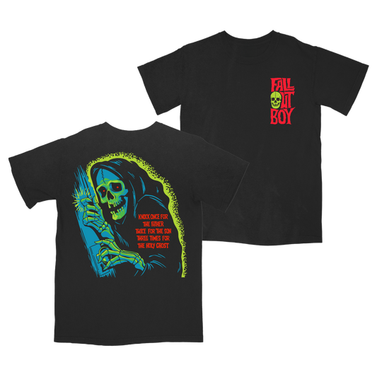 Black short-sleeved holy ghost t-shirt with glowing skeleton and red fall out boy uk merchandise text on front and back