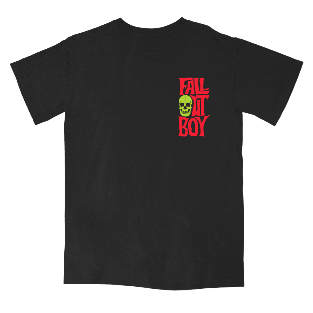 Black short-sleeved holy ghost t-shirt with vibrant red and lime green fall out boy skull logo from official uk store