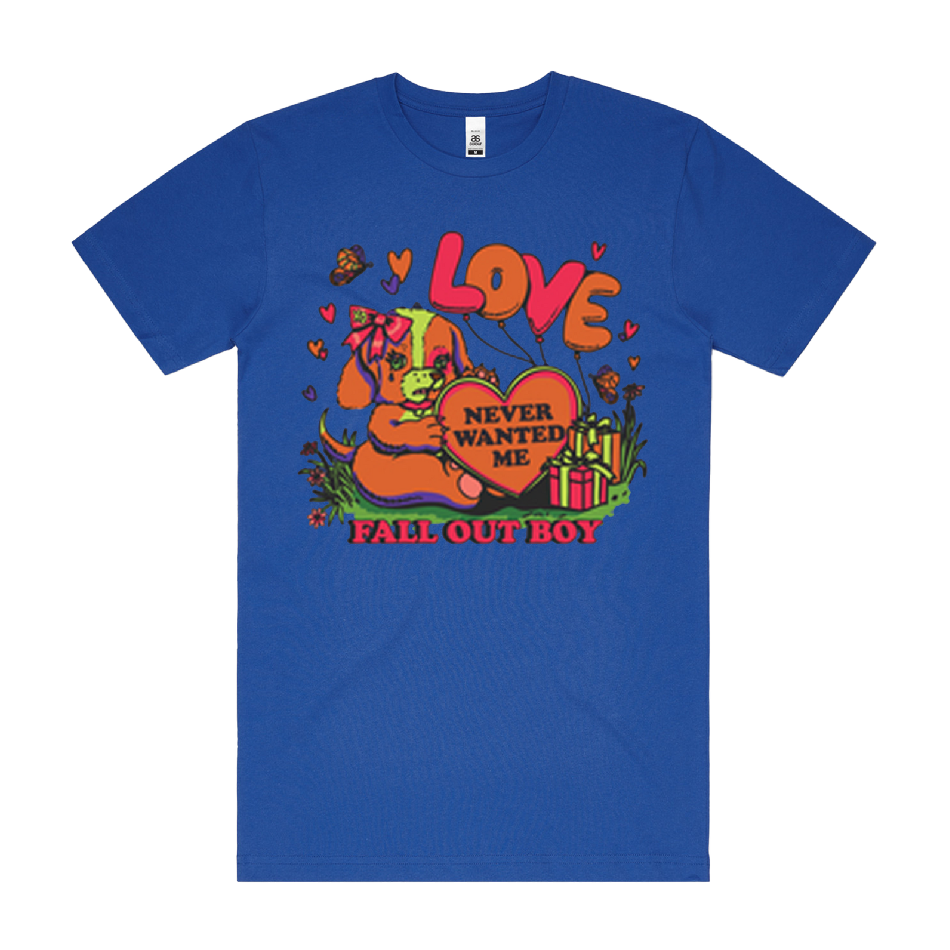 Blue cotton never wanted me t-shirt with orange cartoon dog heart graphic from official fall out boy uk store