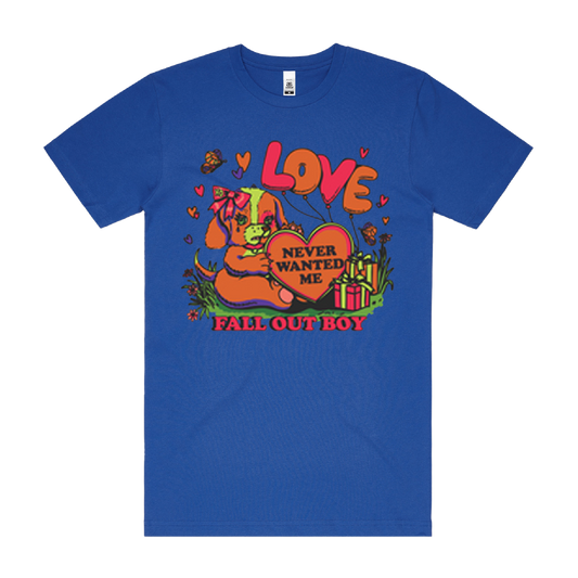 Blue cotton never wanted me t-shirt with orange cartoon dog heart graphic from official fall out boy uk store