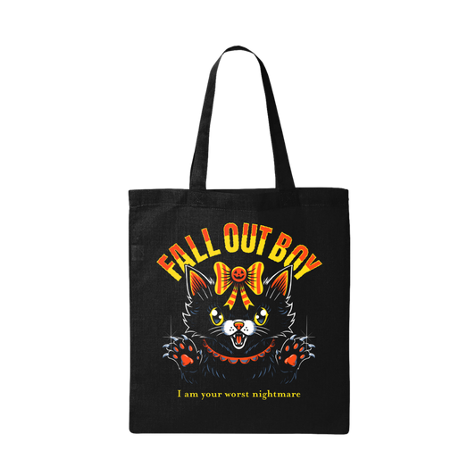 Black canvas nightmare kitty tote bag with cartoon black cat, yellow eyes, orange bow, and fall out boy text
