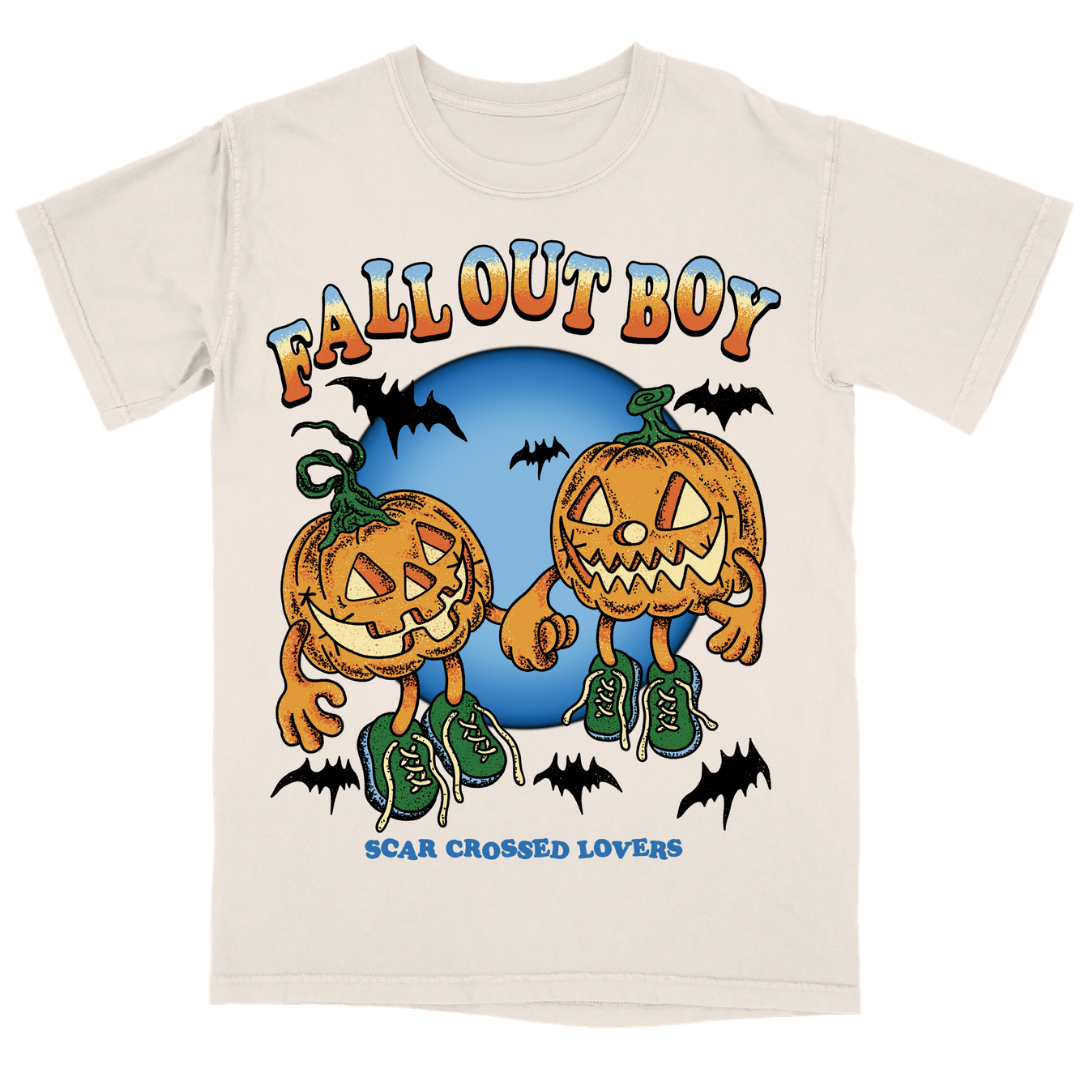 Off-white cotton scar crossed pumpkins t-shirt with colorful cartoon pumpkins and bat graphics for fall out boy fans