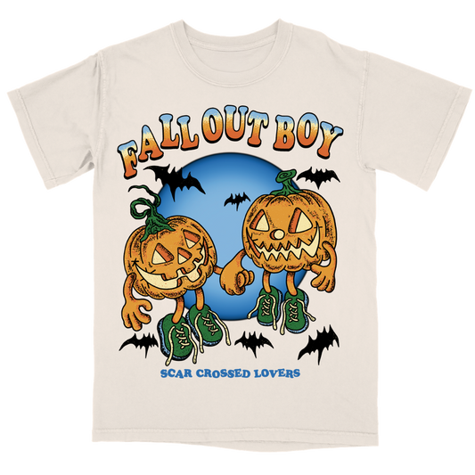 Off-white cotton scar crossed pumpkins t-shirt with colorful cartoon pumpkins and bat graphics for fall out boy fans