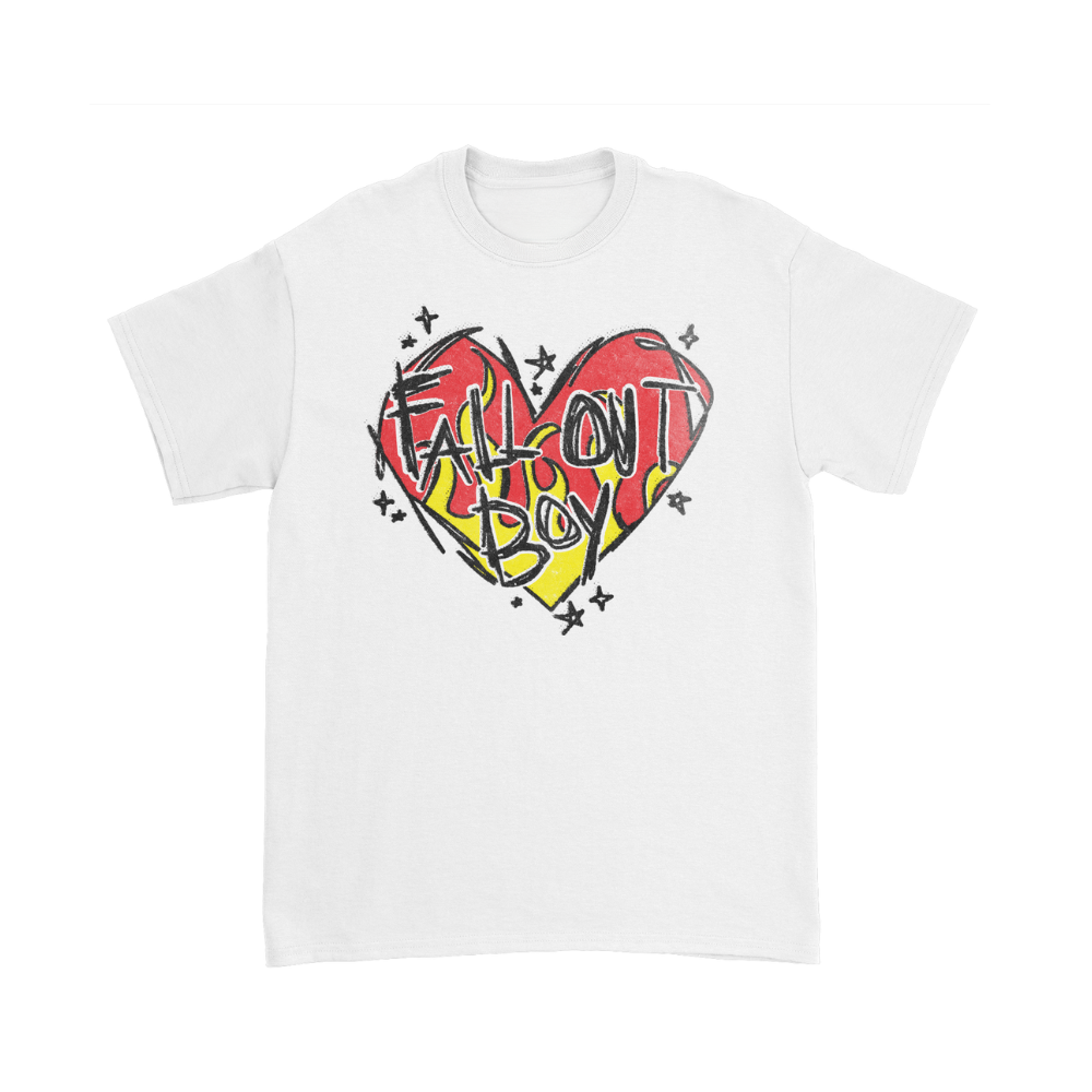 White cotton t-shirt featuring a vibrant red and yellow heart graphic with ’fall out boy’ written in bold black lettering, surrounded by small star details.