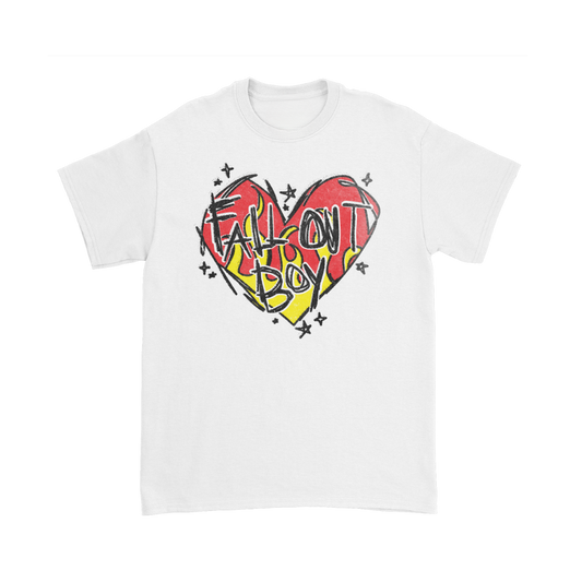 White cotton t-shirt featuring a vibrant red and yellow heart graphic with ’fall out boy’ written in bold black lettering, surrounded by small star details.