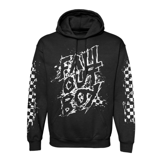 Black hoodie featuring a distressed white ’fall out boy’ graphic with checkered pattern accents on the sleeves.
