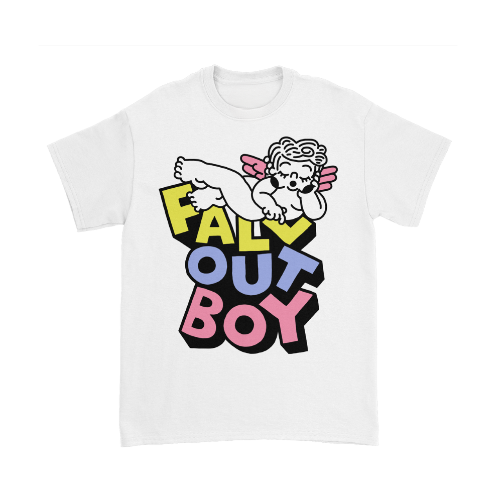 White cotton unisex t-shirt featuring a colorful cartoon style fall out boy sleepy angel logo with cherub design