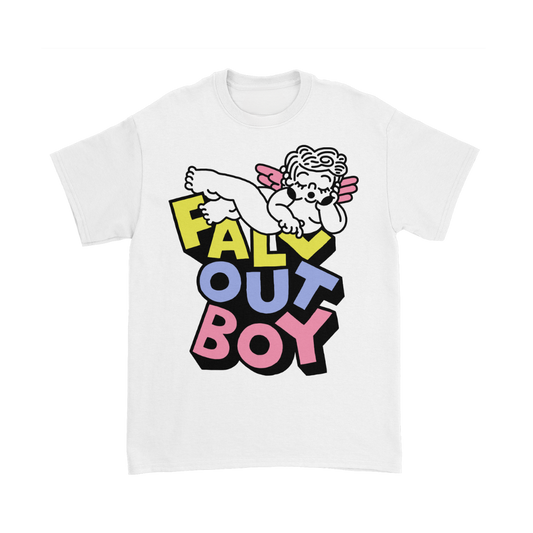 White cotton unisex t-shirt featuring a colorful cartoon style fall out boy sleepy angel logo with cherub design