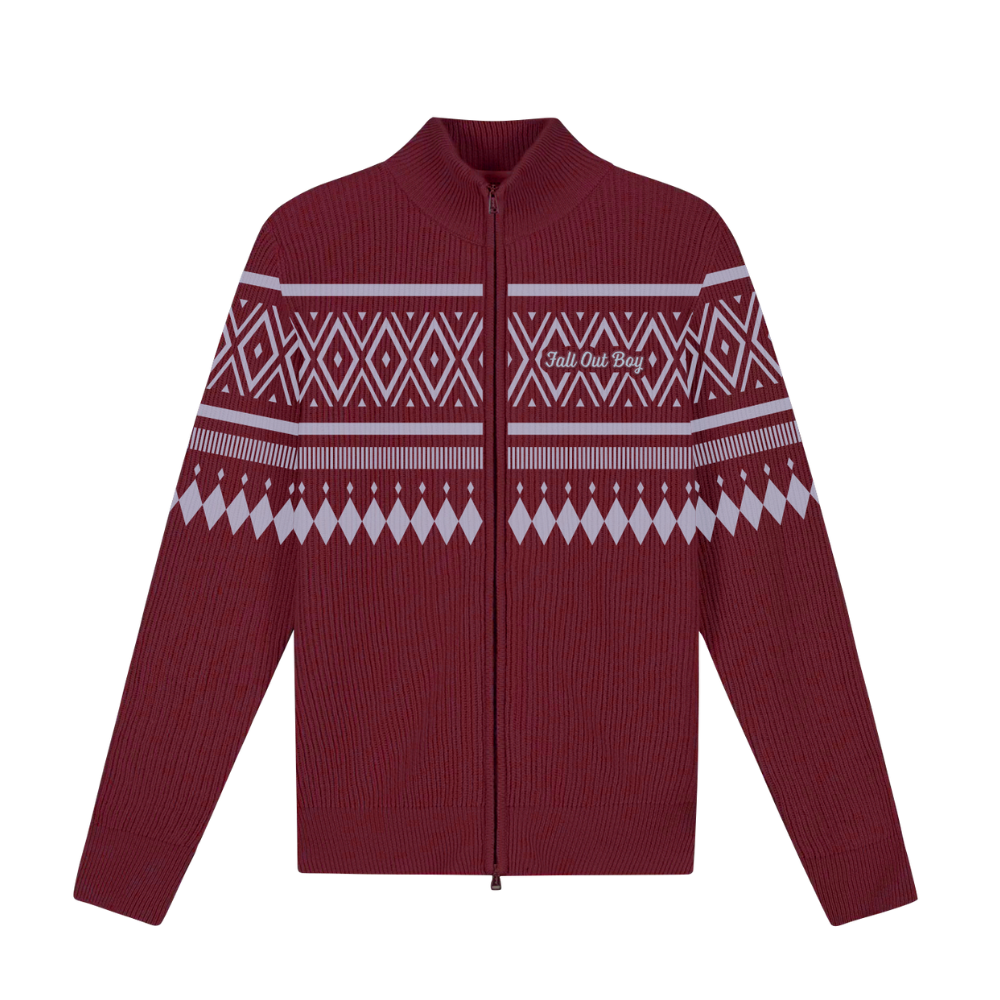 A maroon knit sweater with white geometric patterns and Fall Out Boy logo from the official UK merchandise