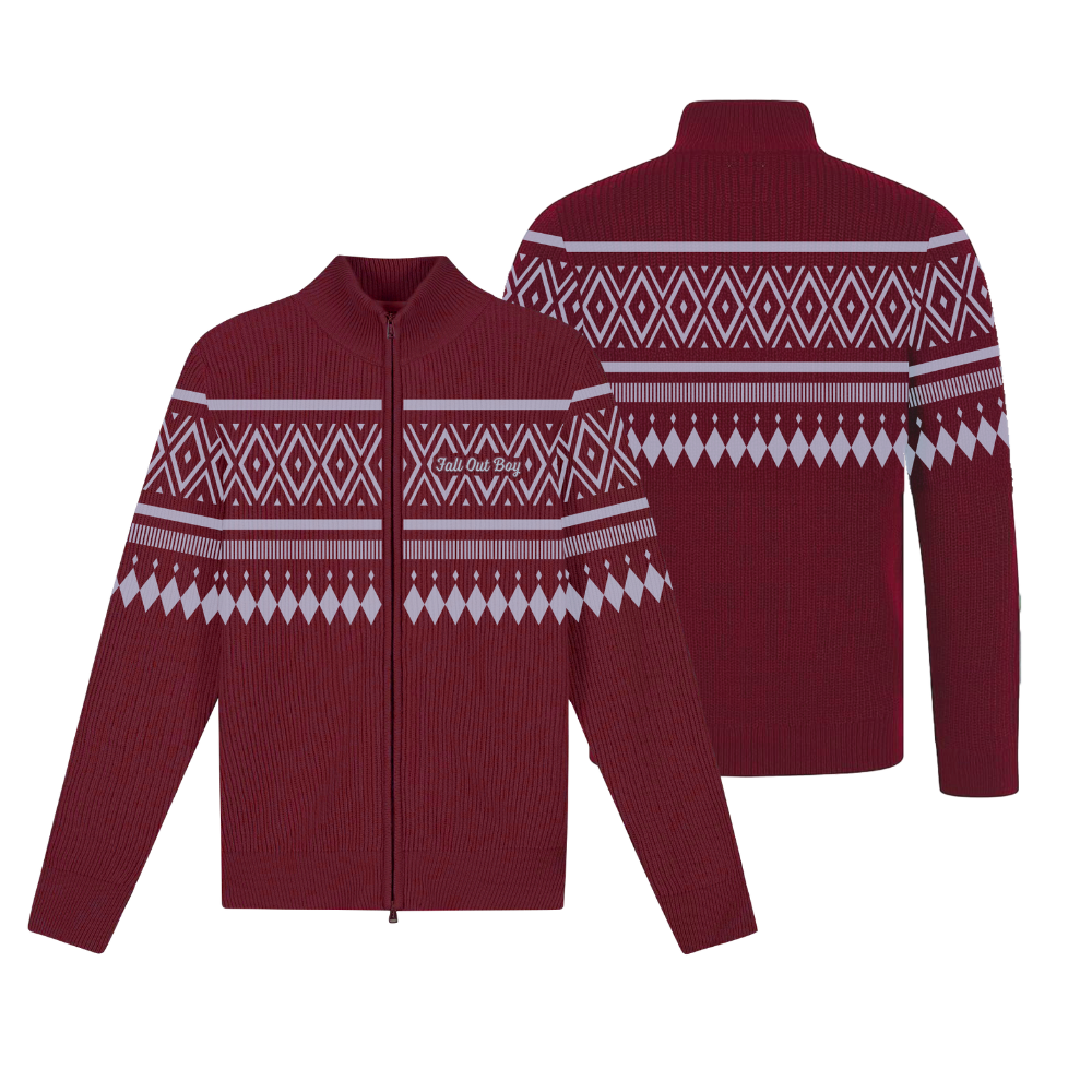 Maroon and white patterned knit sweater with diamond motifs zip up from official fall out boy uk store