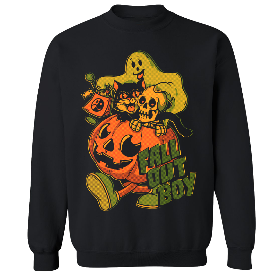 Black trick or treat crewneck sweatshirt with vibrant halloween pumpkin ghost and cat graphic from official fall out boy uk store