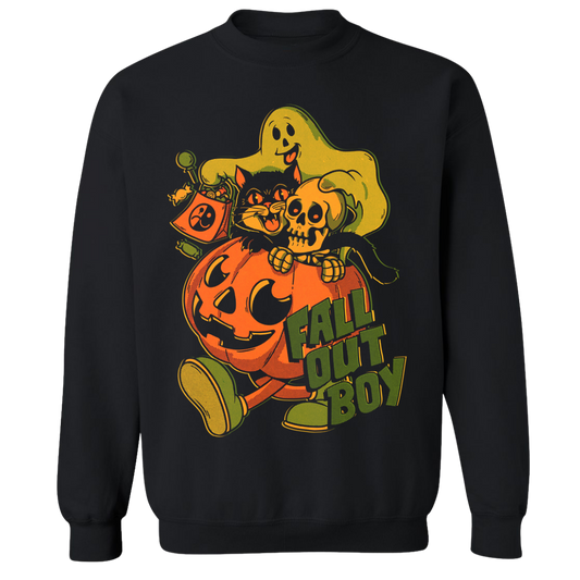 Black trick or treat crewneck sweatshirt with vibrant halloween pumpkin ghost and cat graphic from official fall out boy uk store
