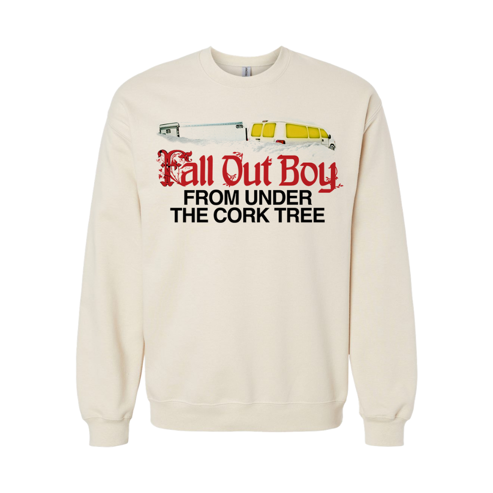 Cream-colored crewneck sweatshirt featuring a graphic of a white and yellow van with the text ’fall out boy from under the cork tree’ printed in red and black.