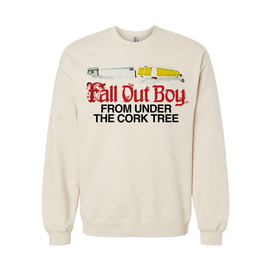 Cream-colored crewneck sweatshirt featuring a graphic of a white and yellow van with the text ’fall out boy from under the cork tree’ printed in red and black.