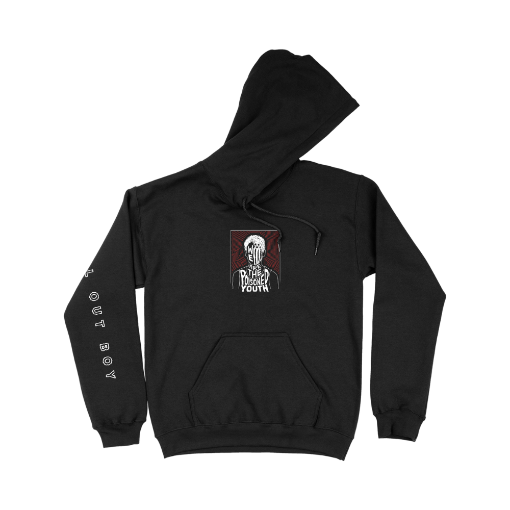 Black we are the poisoned youth pullover hoodie with white skull graphic text and outboy air jet yarn features