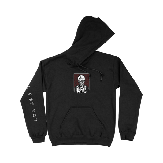 Black we are the poisoned youth pullover hoodie with white skull graphic text and outboy air jet yarn features