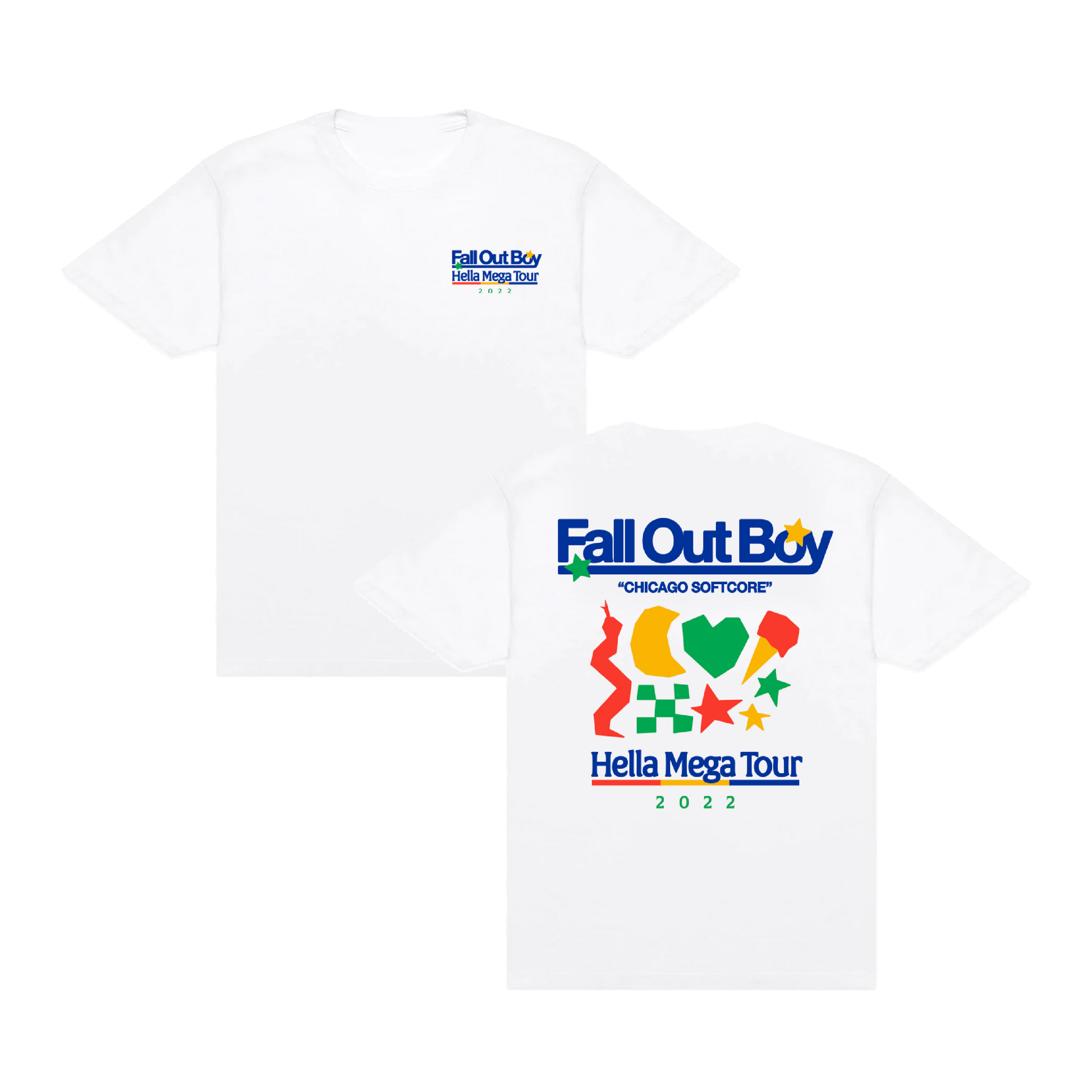 White t-shirt with Fall Out Boy tour design on front and back.