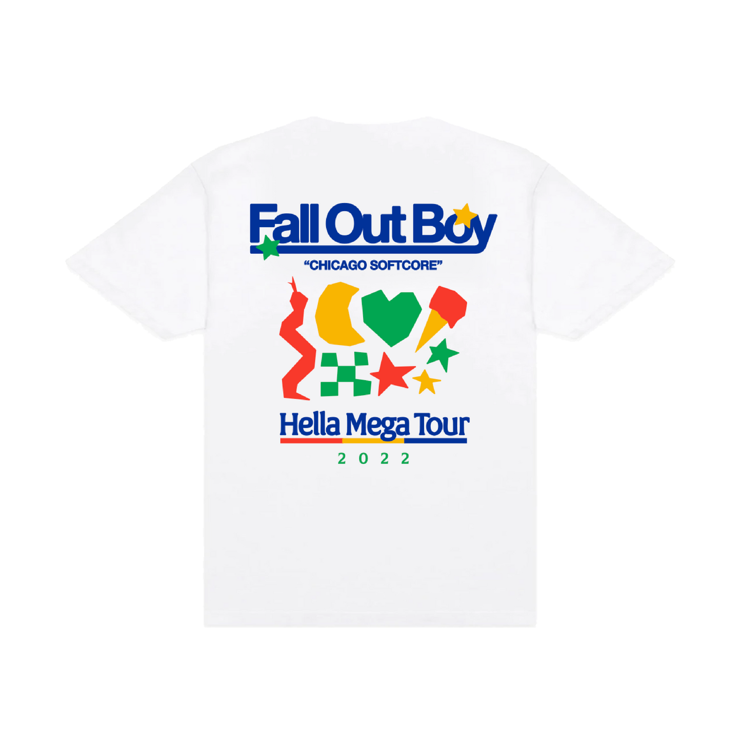 White t-shirt with colorful Fall Out Boy tour design on the back.